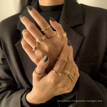 Retro hollow geometric set bracelets creative mix and match printed diamond chain ring